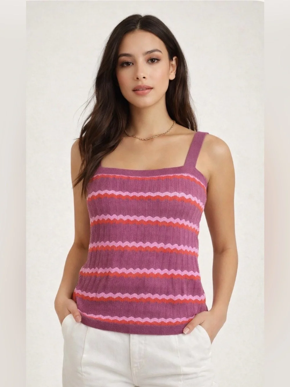 LOFT Outlet Ribbed Knit Tank Top Purple Pink Red Coral Striped Chevron Size S